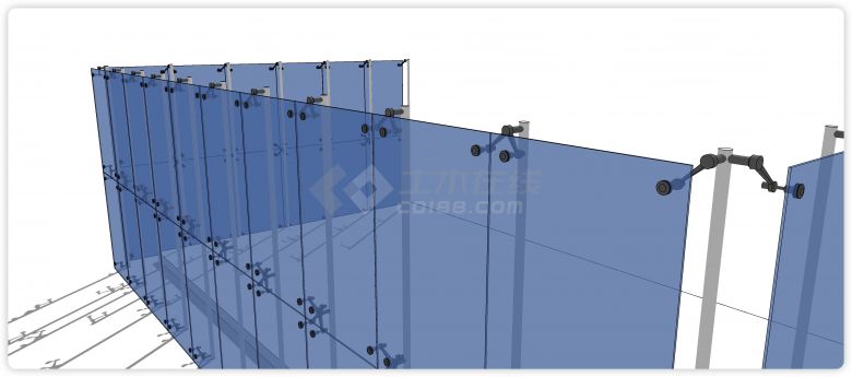 蓝色长形玻璃白色钢管结构玻璃幕墙su模型-图二