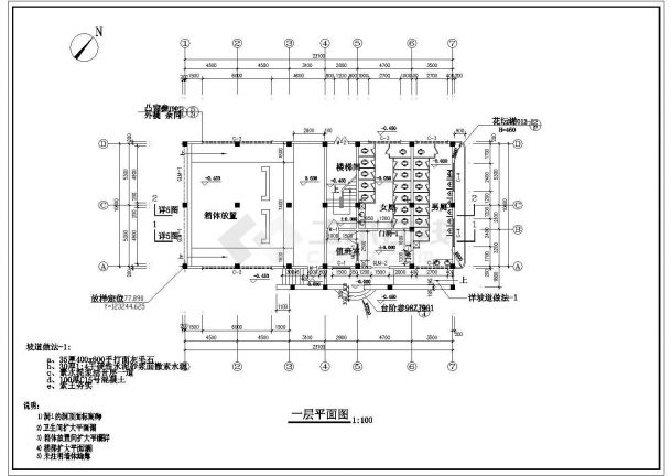 2层380平米框架结构市公厕及垃圾站建筑施工图纸（标注明细）（含效果图）-图一