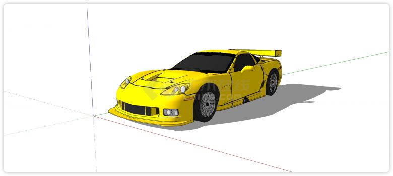 黄色带尾翼双门轿车汽车su模型-图一