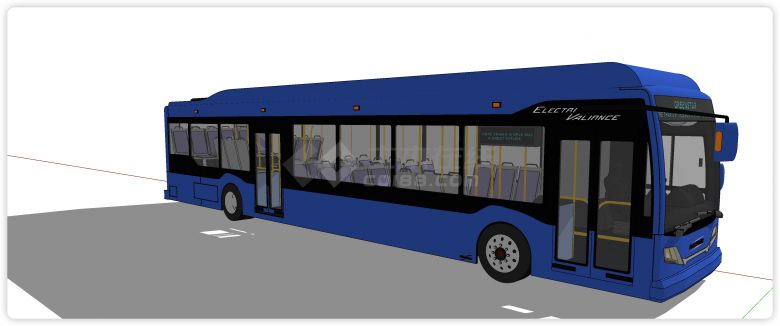 蓝色加长四轮公交车汽车su模型-图二
