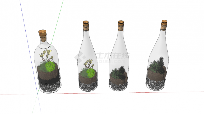 四个玻璃瓶装的绿植盆栽su模型-图二