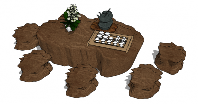 棕色经典根雕茶桌茶台 su模型_图1