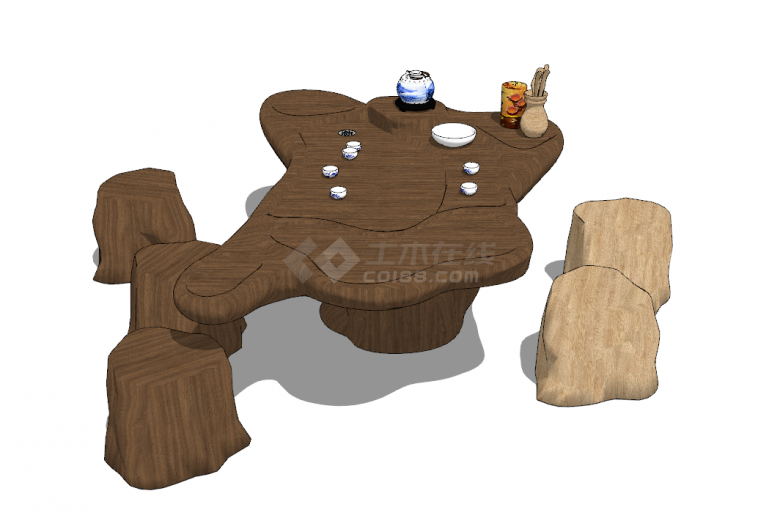 带有深色和浅色凳子的根雕茶桌茶台su模型-图二