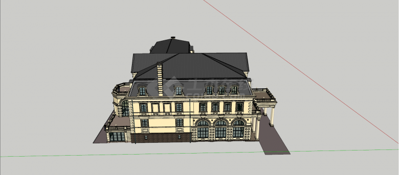 俄罗斯风格浅米黄色墙体两层半大别墅su模型-图一