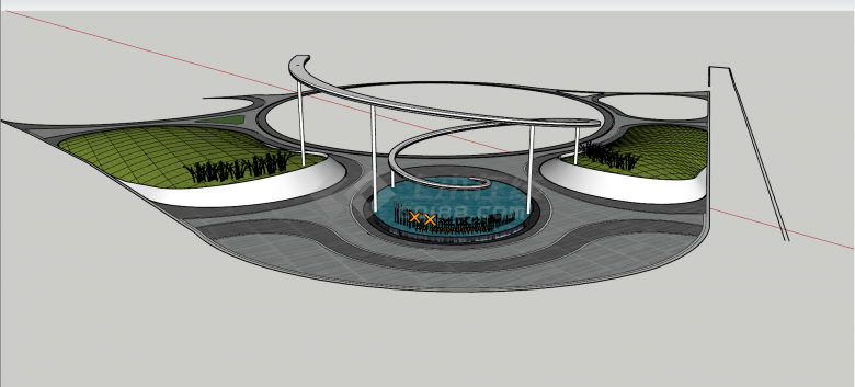 椭圆形流动水景公园入口大门su模型-图一