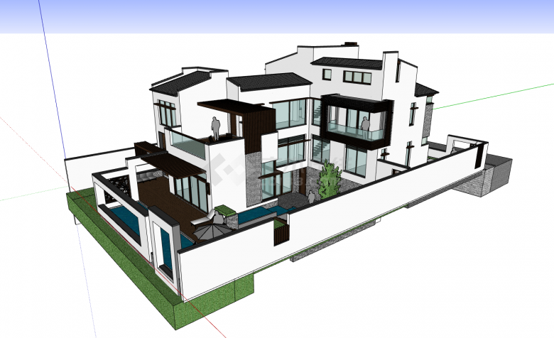 白色墙面长形泳池新中式独栋别墅su模型-图一