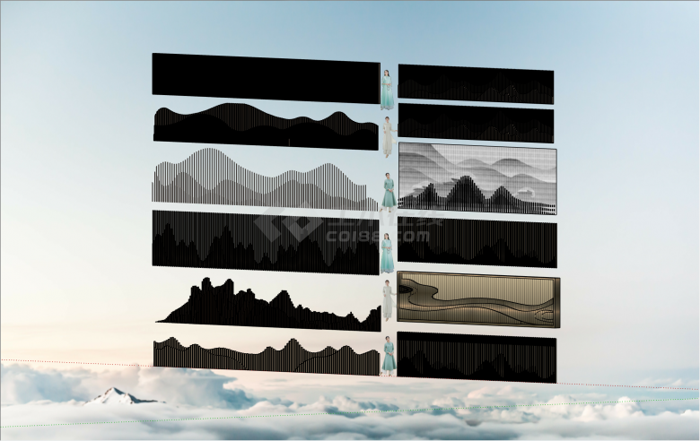 多种中式风格山水云纹栅格景墙su模型-图二