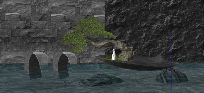 新中式水上造型树罗汉松su模型_图1