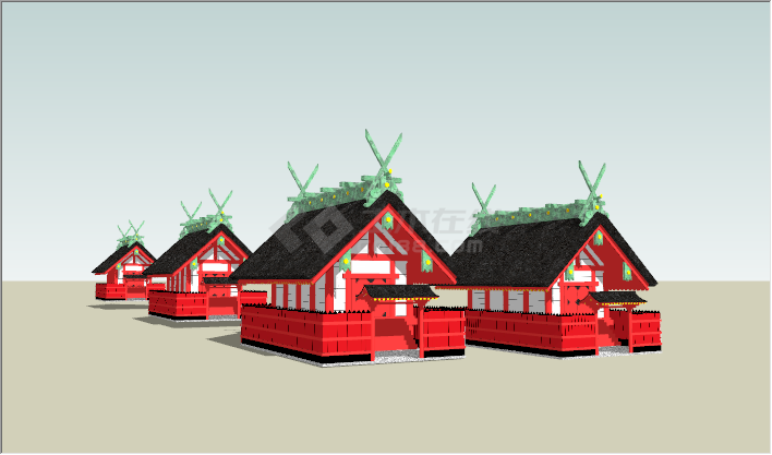 中式唐风大红色建筑物拼图su模型-图二