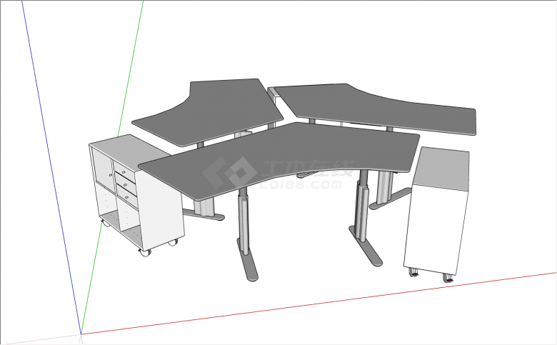 白色不规则桌子配带轮滑收纳矮柜的3人位办公桌su模型-图一