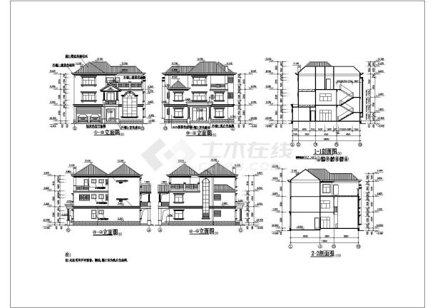 某三层砖混结构新农村简欧风格独栋别墅设计cad全套建筑施工图（含设计说明，含效果图）-图二