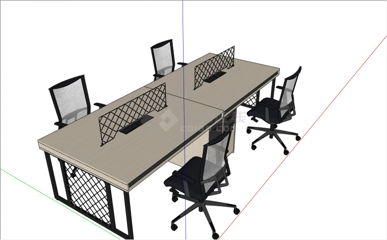 四人位办公桌带4个收纳柜以及网格做隔断su模型-图二