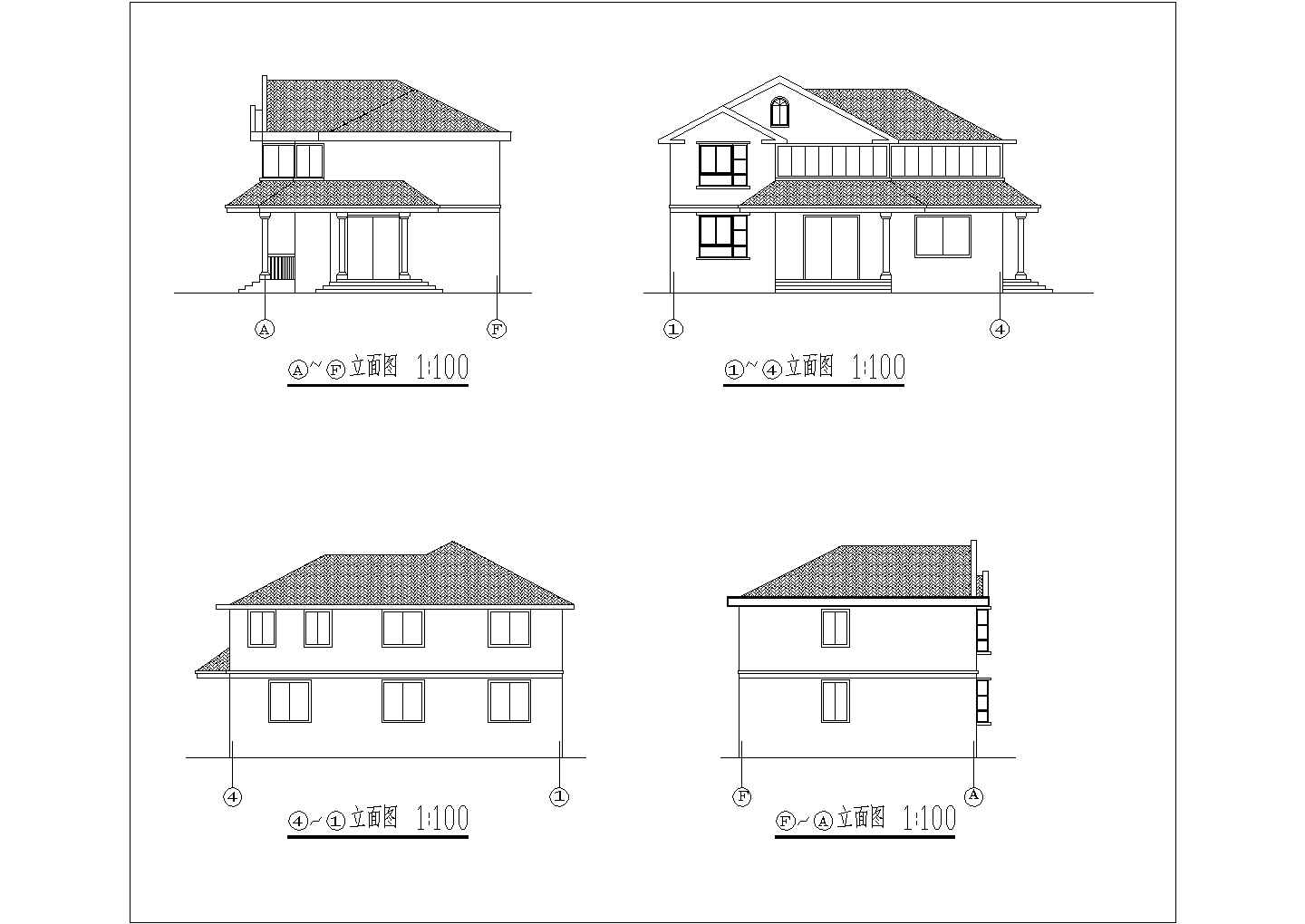 某二层古典木结构别墅设计cad全套建筑施工图（含效果图）