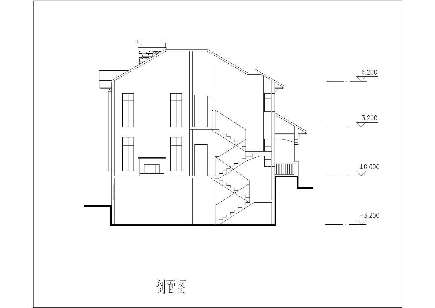 某二层框架结构坡地独栋别墅设计cad全套建施图纸（含效果图）