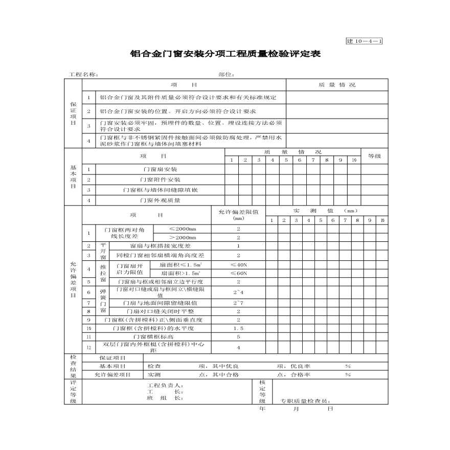 铝合金门窗安装分项工程检验表-图一