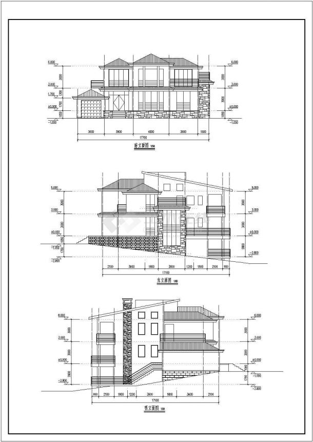 某二层带阁楼层单家独院式别墅设计cad全套建筑施工图（含设计说明，含效果图）-图一