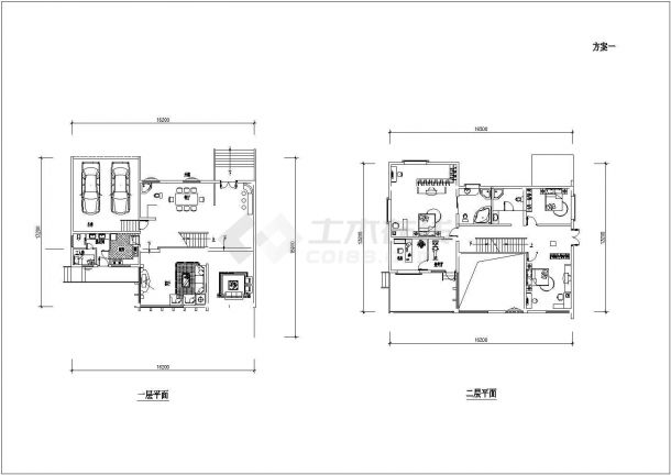 某三层框架结构临湖别墅设计cad建筑方案图（含效果图，含2种方案设计）-图一