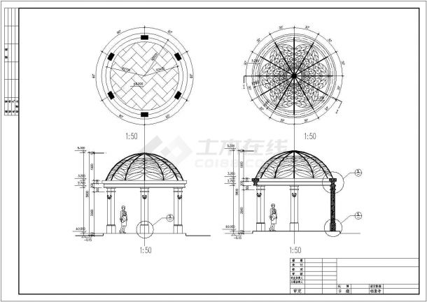 某现代景区半圆亭建筑详细设计方案施工CAD图纸-图二