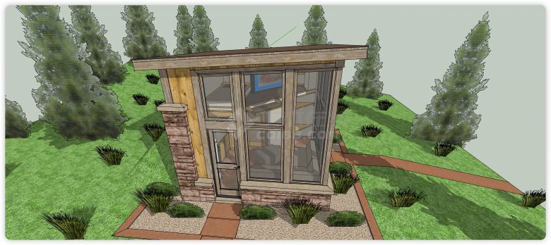 木结构玻璃面别墅庭院su模型-图二