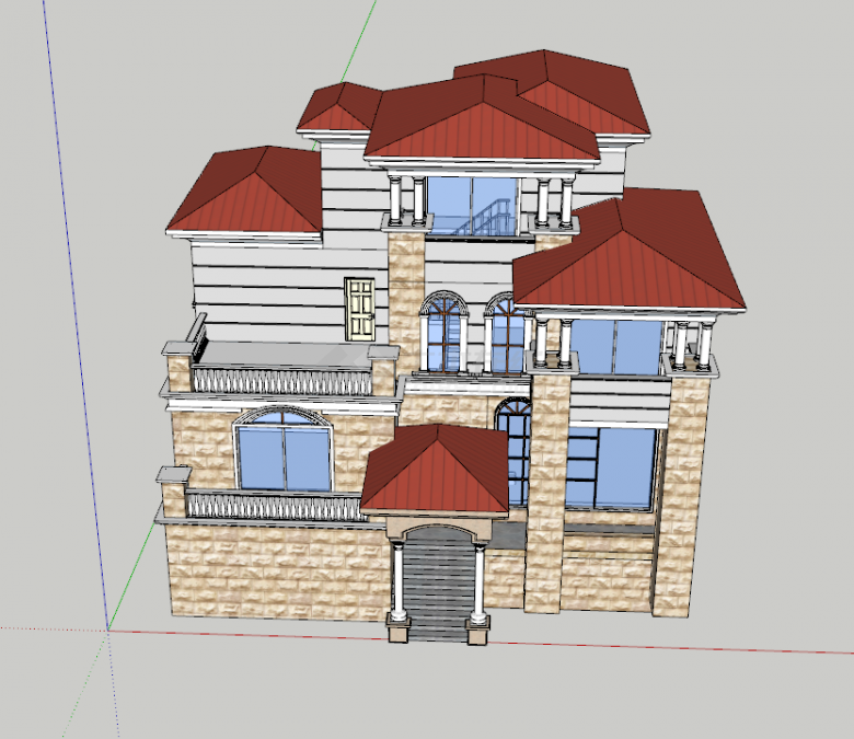 带有枣红色房顶和大车库的别墅洋房住宅su模型 -图一