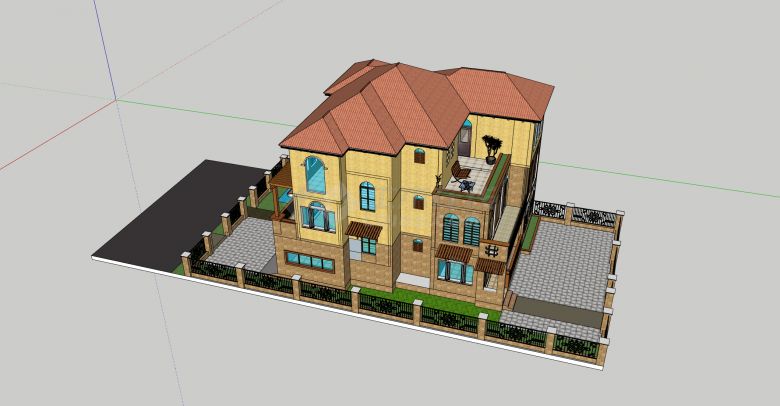 黄色主体橙色屋顶西班牙风格别墅su模型-图二