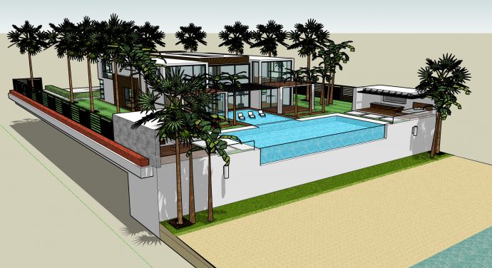 白色主体四周种椰树带长形泳池度假别墅su模型_图1