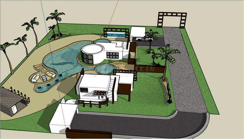环境优美的带游泳池的豪华别墅su模型-图一