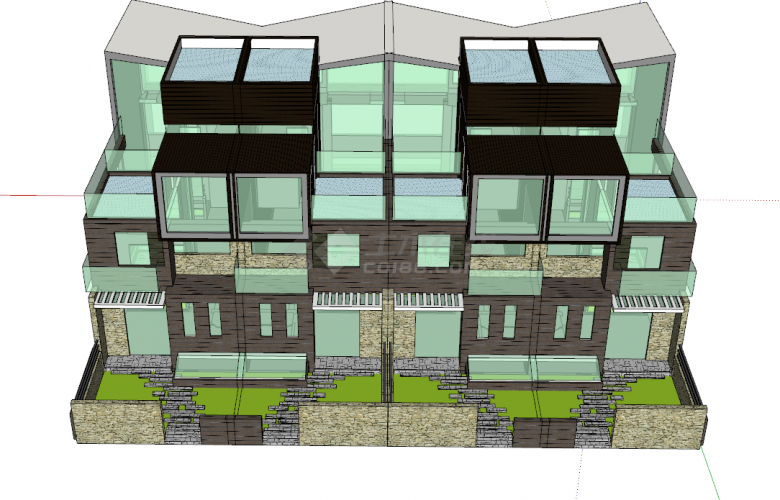 蓝绿色玻璃为主题的带独立小院的住宅别墅洋房建筑 su模型-图二