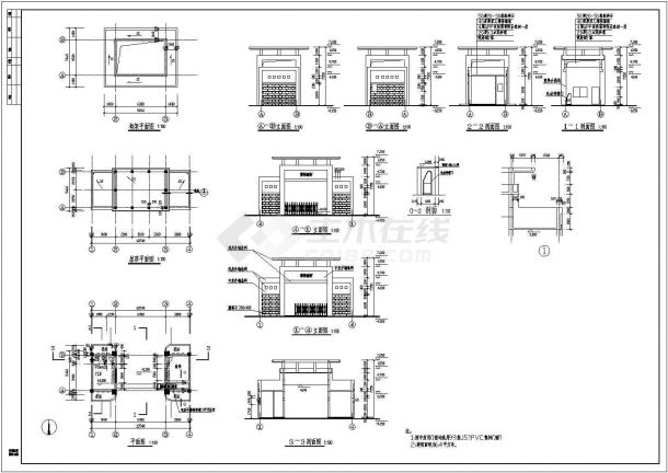 某标准型小区几个大门建筑详细施工设计方案CAD图纸-图二