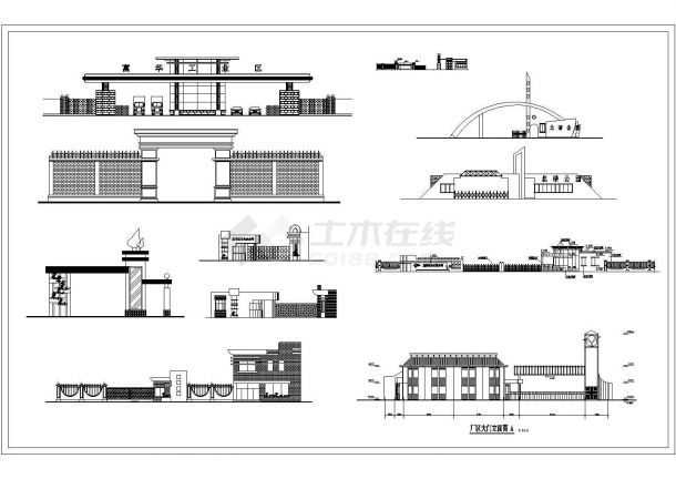 某标准工业区大门建筑详细施工设计方案CAD图纸-图一