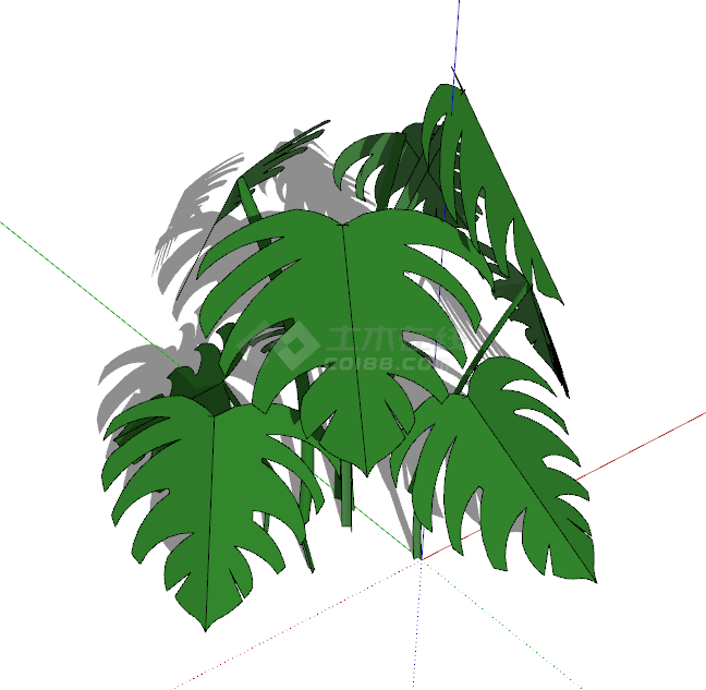 细小的枝茎上长着对称大叶子绿色灌木su模型-图二