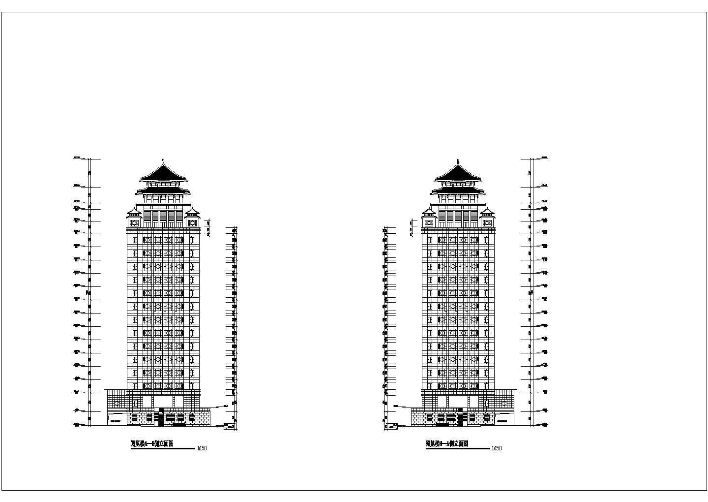 某中式双子塔综合大楼建筑详细设计施工方案CAD图纸