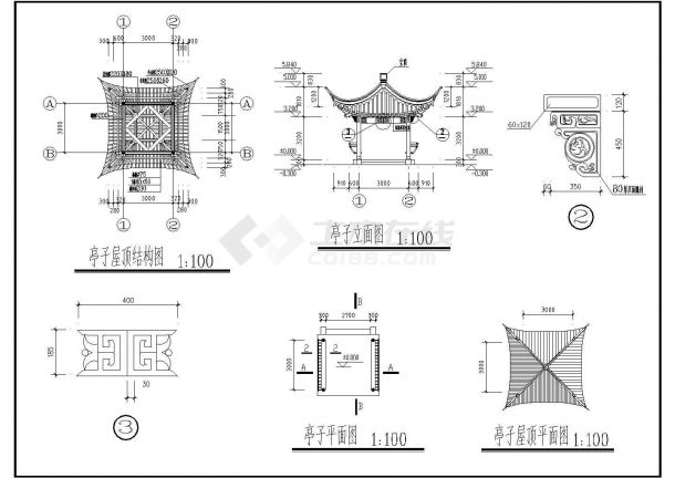 某公园经典四方亭建筑详细施工设计方案CAD图纸-图二