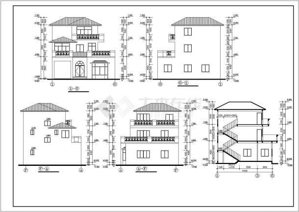 三层别墅平立剖面设计方案图-图二