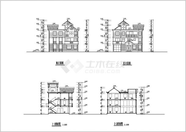 某三层别墅平立剖面建筑设计图（含屋顶平面剖面图）-图二