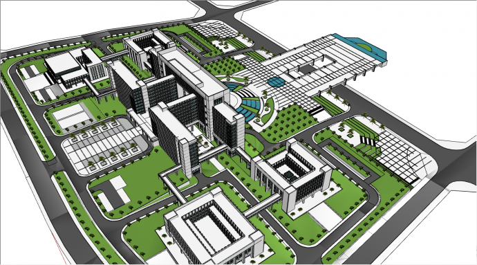 带有茂密绿植的带有多栋办公建筑的行政中心su模型_图1