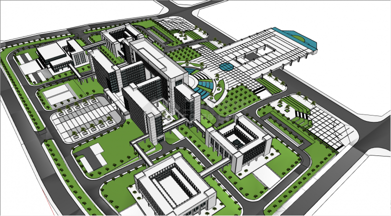 带有茂密绿植的带有多栋办公建筑的行政中心su模型-图一