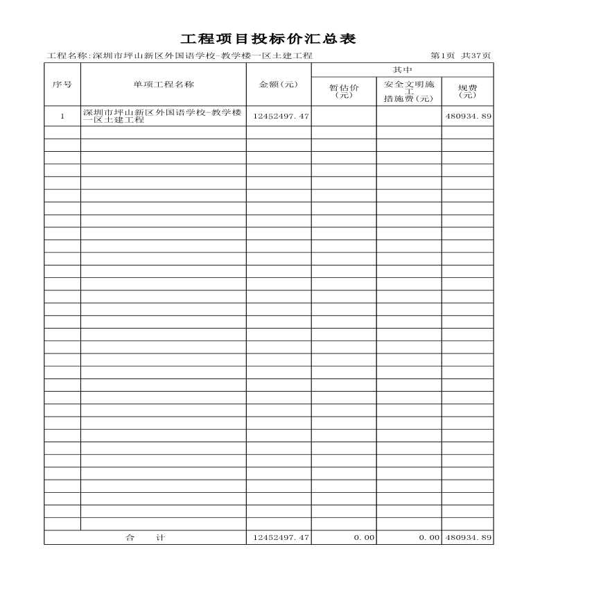 某个著名土建工程清单预算报价书