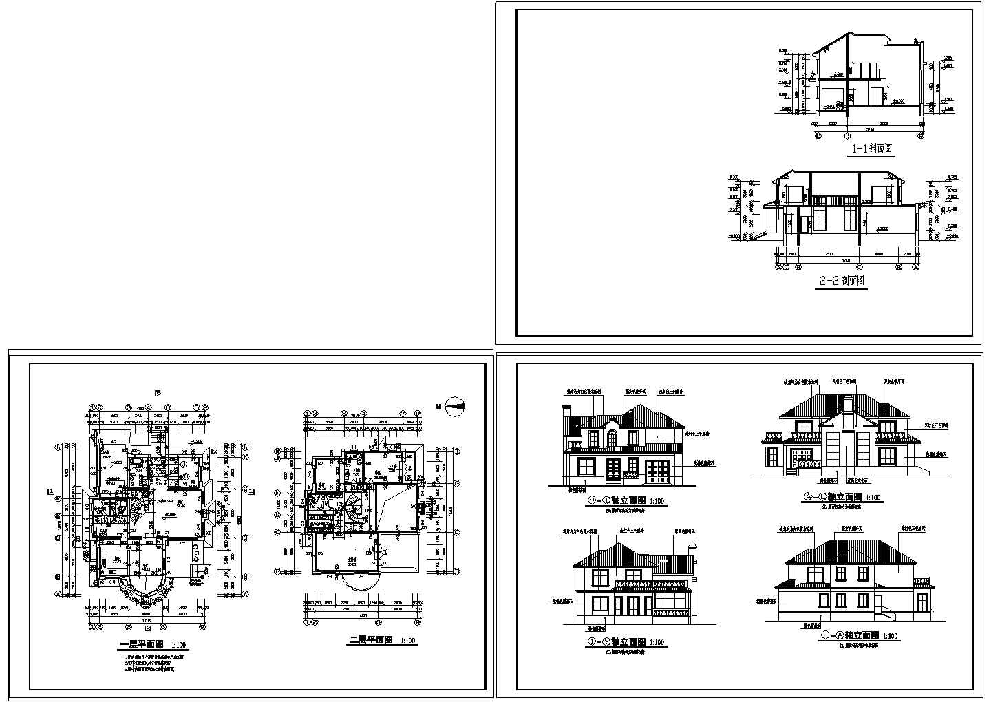 某地区两层别墅建筑cad全套设计平面施工图纸