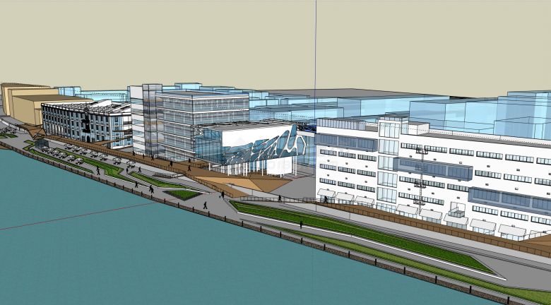 白色外墙蓝色玻璃码头旧厂房改造平面立面su模型-图一