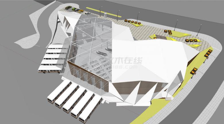 钢结构屋架白色板材和透明玻璃拼接屋面车站方案su模型-图二