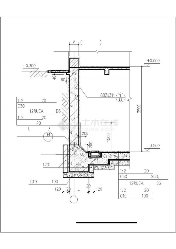 地梁处防水+地下室防水大样设计CAD图纸-图二