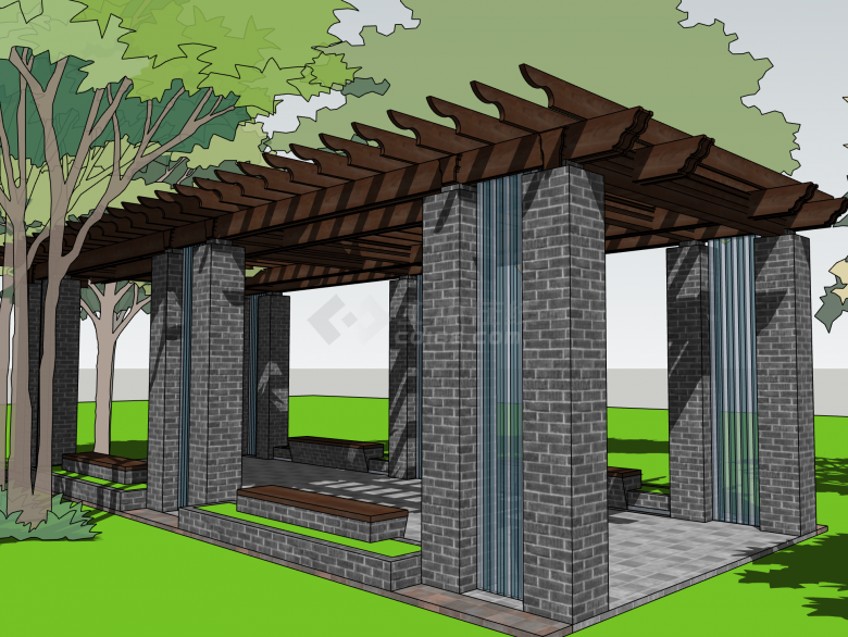 道路休息庭青砖廊架su模型-图一