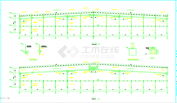 某地双层三跨门式刚架厂房结构施工图CAD图纸-图一