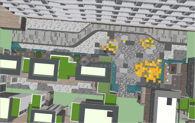 小型橘色方块叠拼商业广场街道景观su模型-图一