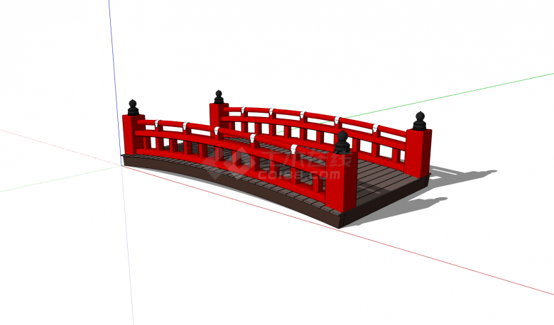 咖啡色桥面红色栏杆中式桥su模型-图一