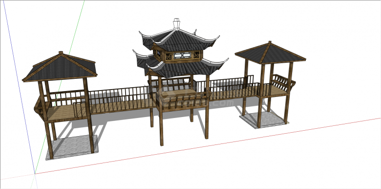 中式斜坡顶木制廊桥 su模型-图二