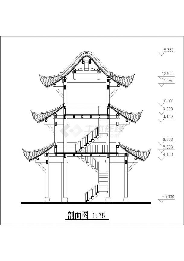 中国某公园仿古建筑凉亭建筑施工cad图纸，共六张-图一
