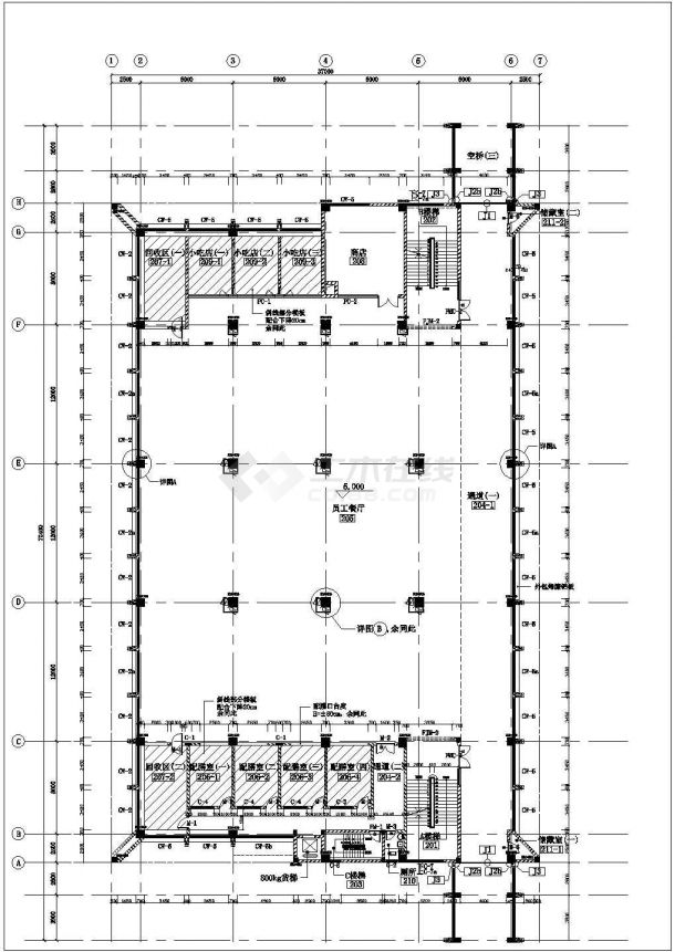 郑州市某工厂内部3层职工餐厅建筑设计CAD图纸-图二