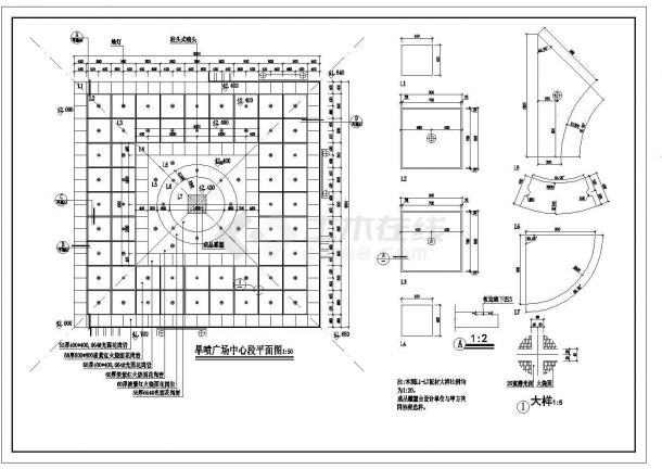 常熟某小型广场全套设计施工cad图(含旱喷广场中心段节点4及踏步(一)节点)-图一